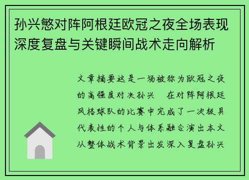 孙兴慜对阵阿根廷欧冠之夜全场表现深度复盘与关键瞬间战术走向解析